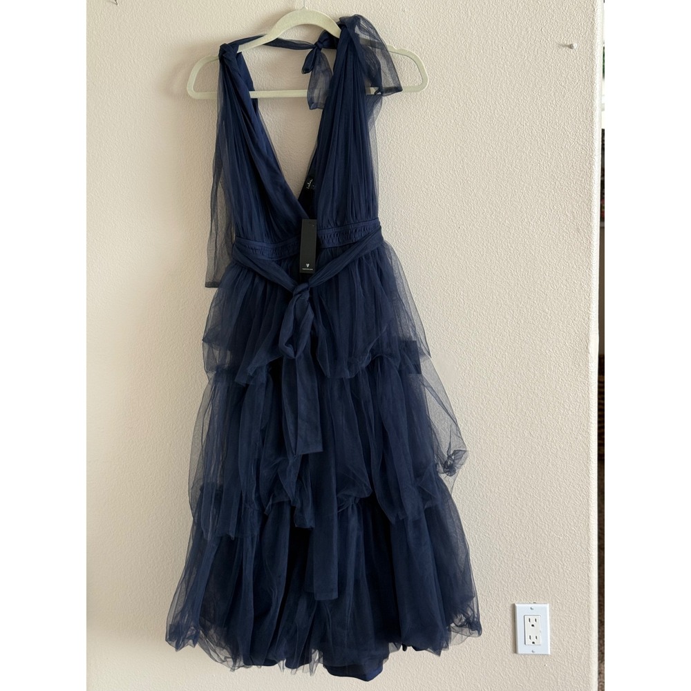 Lulus Navy Blue Tulle Tiered Sleeveless Midi Dress Tie Straps Prom Formal NWT
